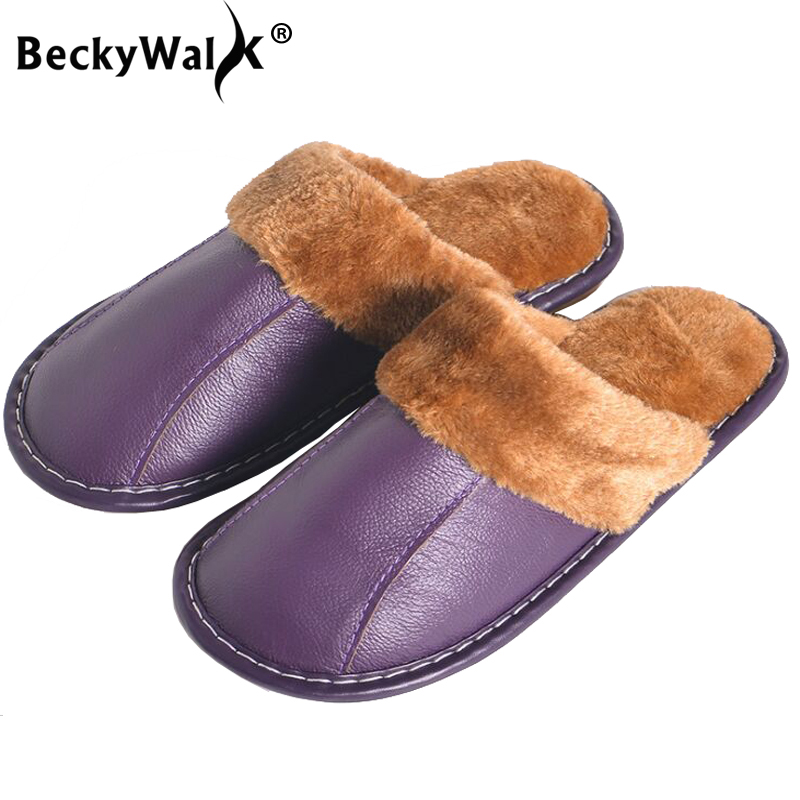 

BeckyWalk Genuine Leather Slippers Winter Shoes for Women Men Indoor Lovers Floor Slippers Cowhide Home Women's WSH3119, Women red