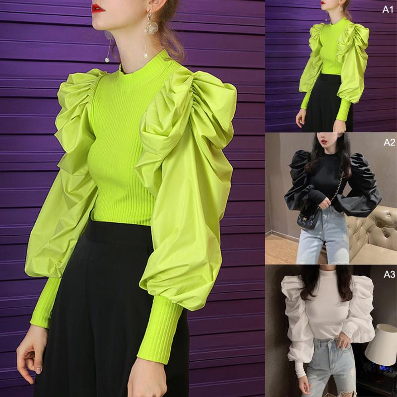 

2020 Spring New Women Solid Color Pleats Blouse Fashion Pleated Ruffles Patchwork Knitted Casual Long Sleeve Blouse Tops, White