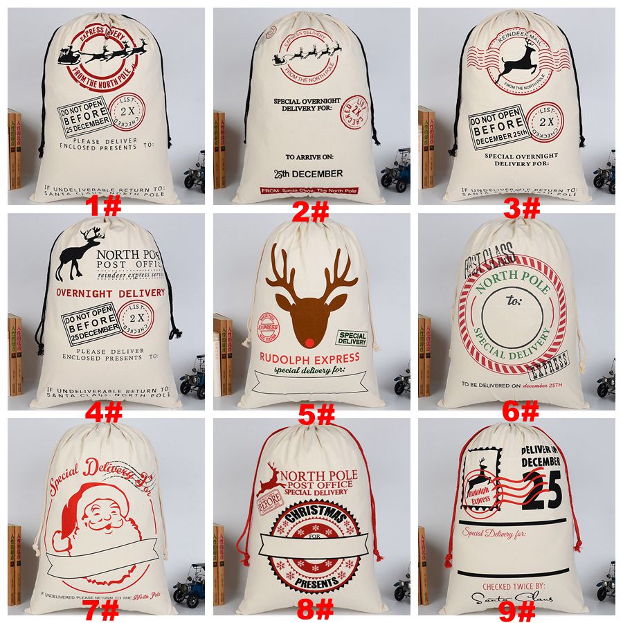 

Free Shipping Christmas Gift Bag Pure Cotton Canvas Drawstring Sack Bags 12 Stypes With Xmas Santa Design For Gifts Candy