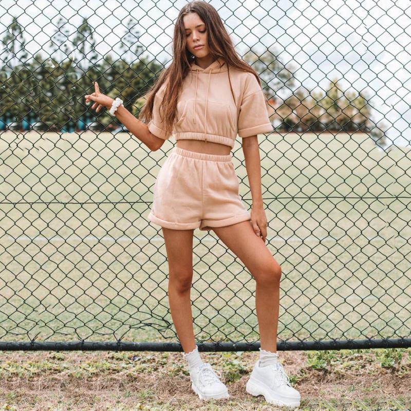 

Casual 2-Piece Set Women Sport Tracksuit Spring and Summer Leisure Hoodie+Loose Shorts Female Workout Outfit Sportswear Suit