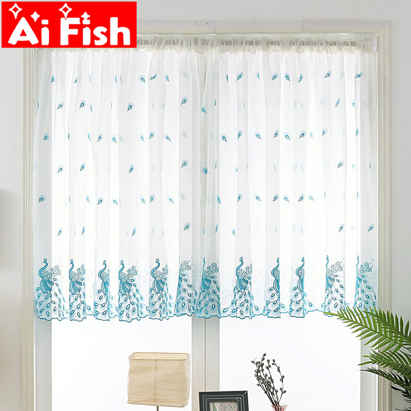 

Pink Peacock Window Gauze 1 Panel Turquoise Blue peahen Embroidered Short Sheer Voile Rod Pocket Door Curtain Kitchen MY387#4