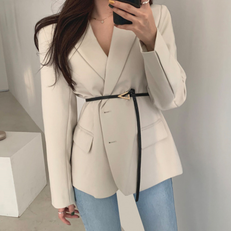 

Korean Style Woman Blazer Jacket Coat Notched Collar Pocket Long Sleeve Office Lady Solid Color Slim Suit Outerwear Female, Black