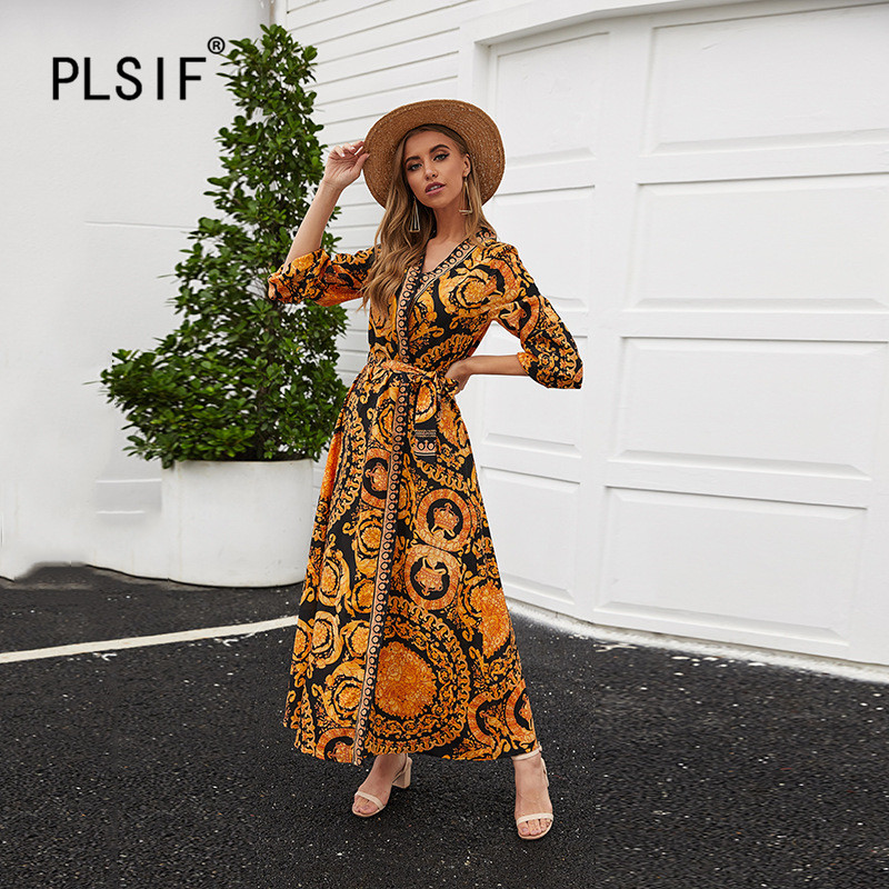 

Elegant fashion vintage print lady a-line long dress sexy v-neck three quarter sleeve spring summer new style high quality dress, Yellow