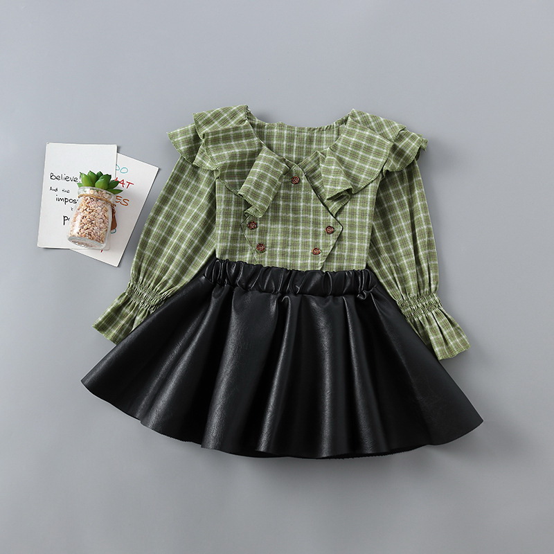 

Wholesale Girls Sets Long Sleeve Plaid Shirt+Black PU Skirt 2020 Fall Fashion 2PCS Outfit Baby Clothes 2-6Y H223