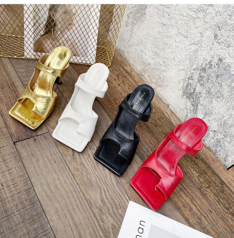 

2020 Summer New Clip Toe Slippers Shoes Woman Fashion Square Toe Female High Heel Sandals Big Size New Soft Leather Slides Shoes, White z126