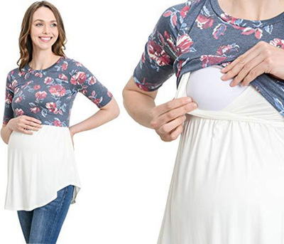 

New Maternity Wear Trend Flower Print Fake Two Pieces Stitching Pregnant Women T-shirt Invisible Split-fork Mama Nursing Shirt, Blue