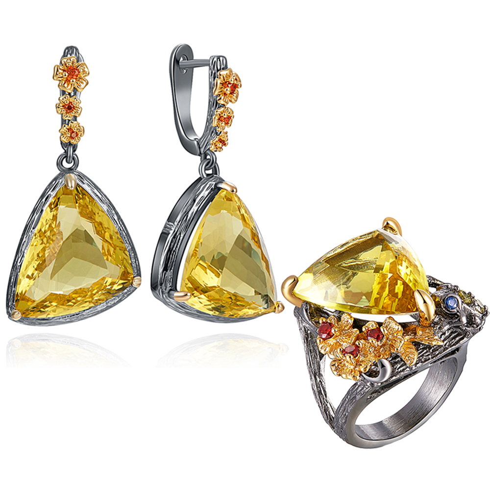 

Large Triangle Dangle Earrings Ring sets Golden CZ Jewelry High quality Women's Jewellery For Party 2pcs set