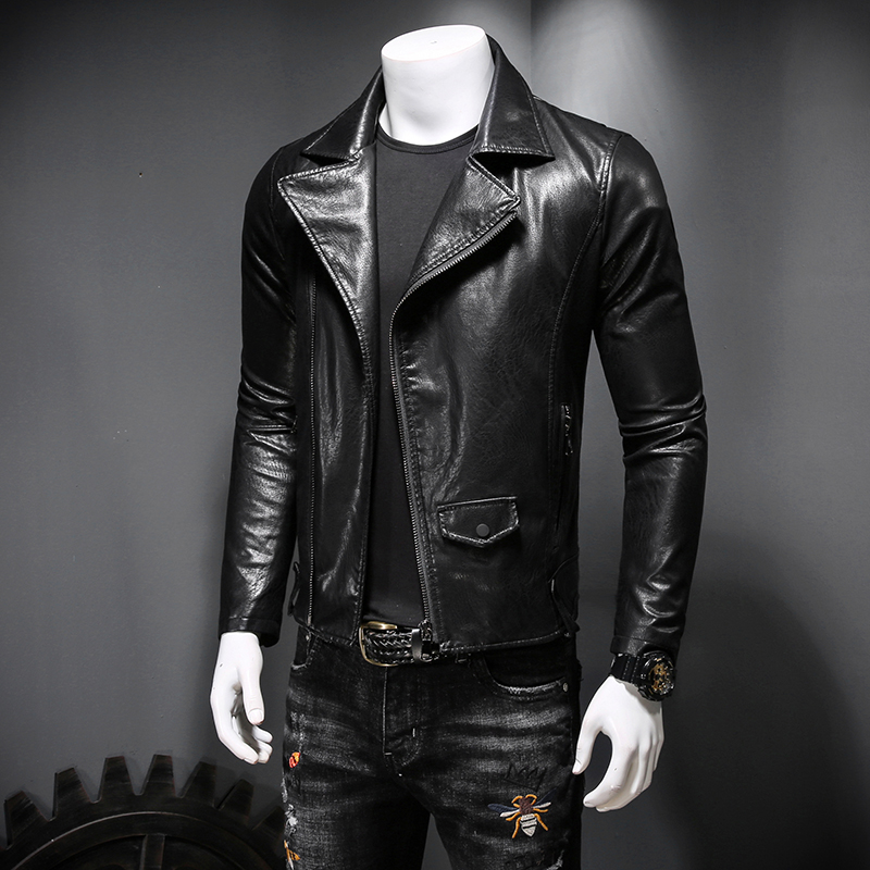 

Men's spring leather jacket men's suit models plus velvet padded jacket winter, Black