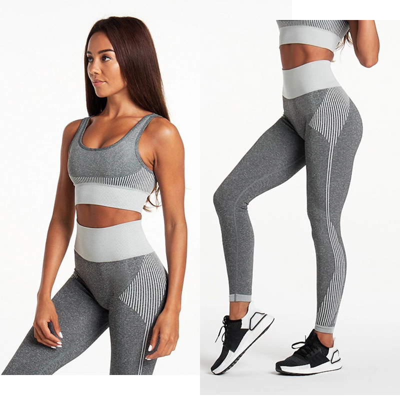 

Workout Set Running Sport Yoga Set With Yoga Bras And Pants Gym Fitness Sport Wear Women Clothes Seamless 2 Piece Women, Bras gray white