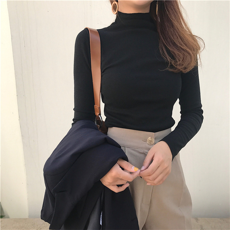 

AYUNSUE Spring Autumn Women's Sweater White Turtleneck Pullover Knitted Sweater Shirt Korean Women Sweaters and Pullovers KJ1708, Black