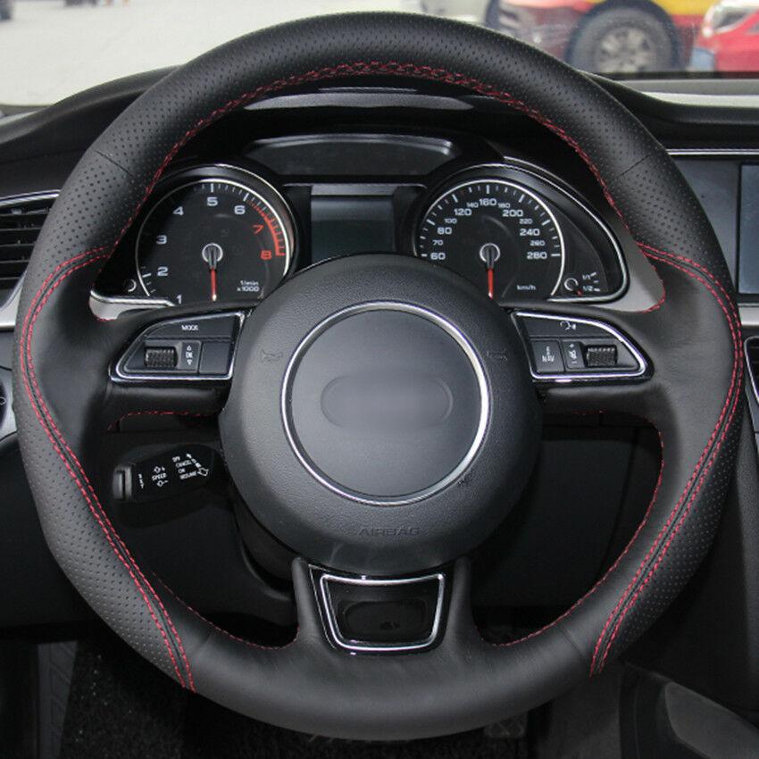 Black Genuine Leather Red thread Steering Wheel Cover for Audi A4L A1 A3 A5 A7-image-555139654