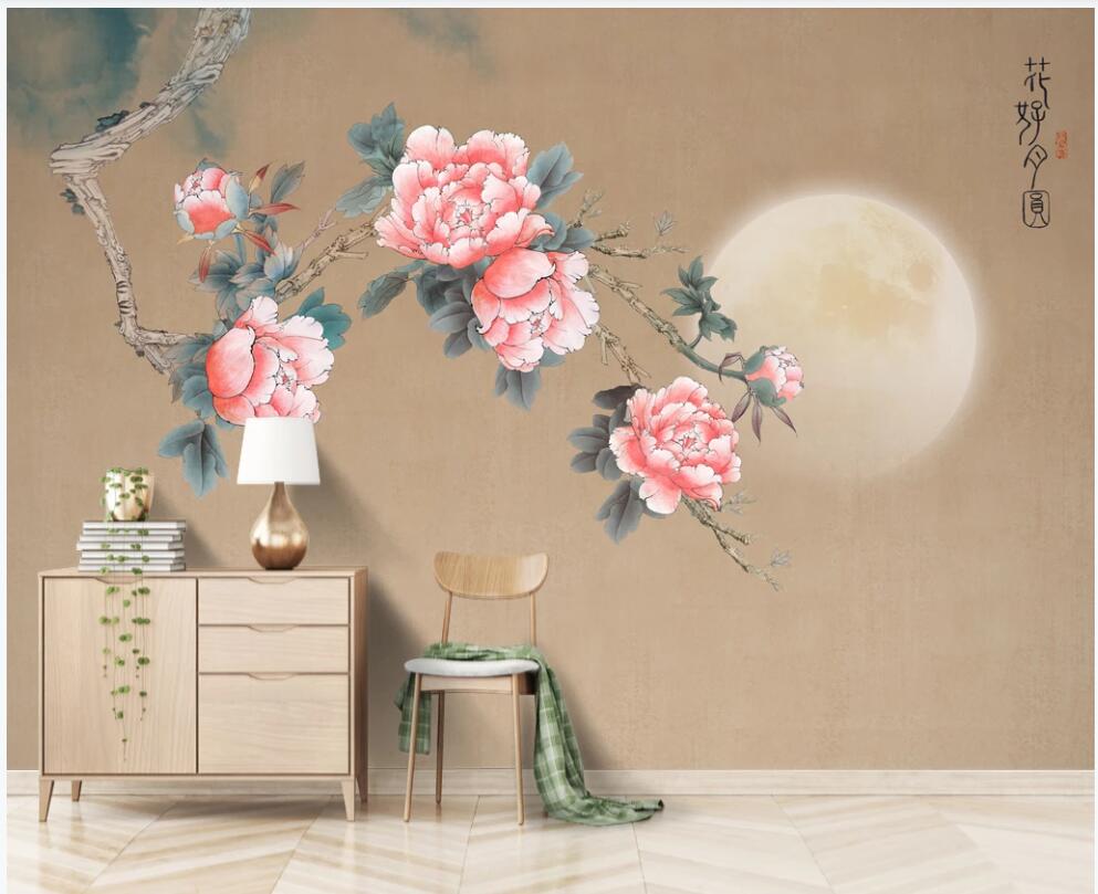 

3d wallpaper custom photo mural on the wall Peony flower Full moon background home decor 3d wall murals wallpaper for living room, Non-woven wallpaper