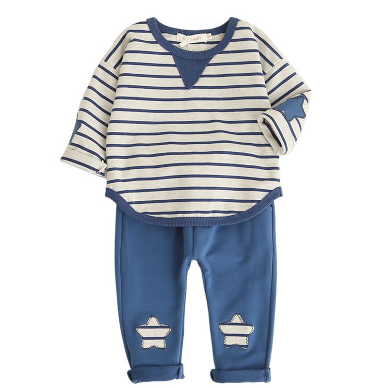 

2 Piece Clothes Suits Baby Toddler Kids Cotton Outfits Stripes Stitching Shirt + Embroidery Stars Long Pant, Blue