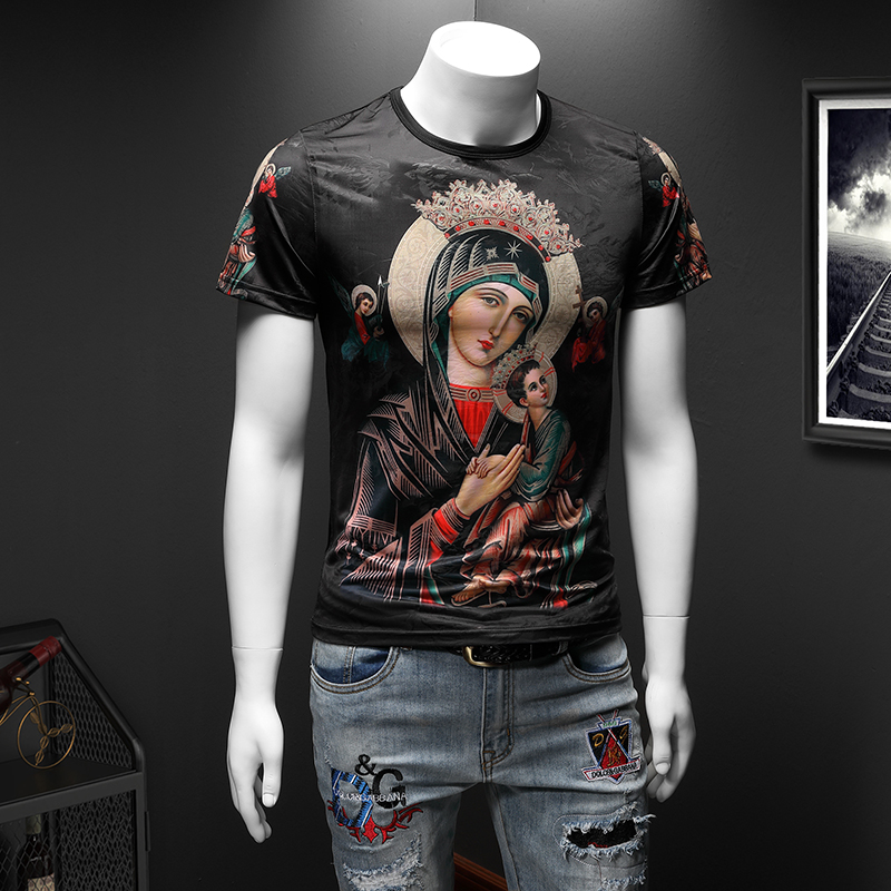 

2020 summer new European goods tide brand sequin t-shirt men's trendy slim silk half-sleeved men's short-sleeved bottoming shirt, White;black