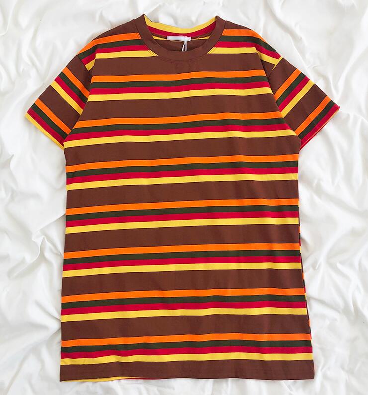 

Japanese cute rainbow striped o-neck loose thin short sleeve T-shirt women, As pic
