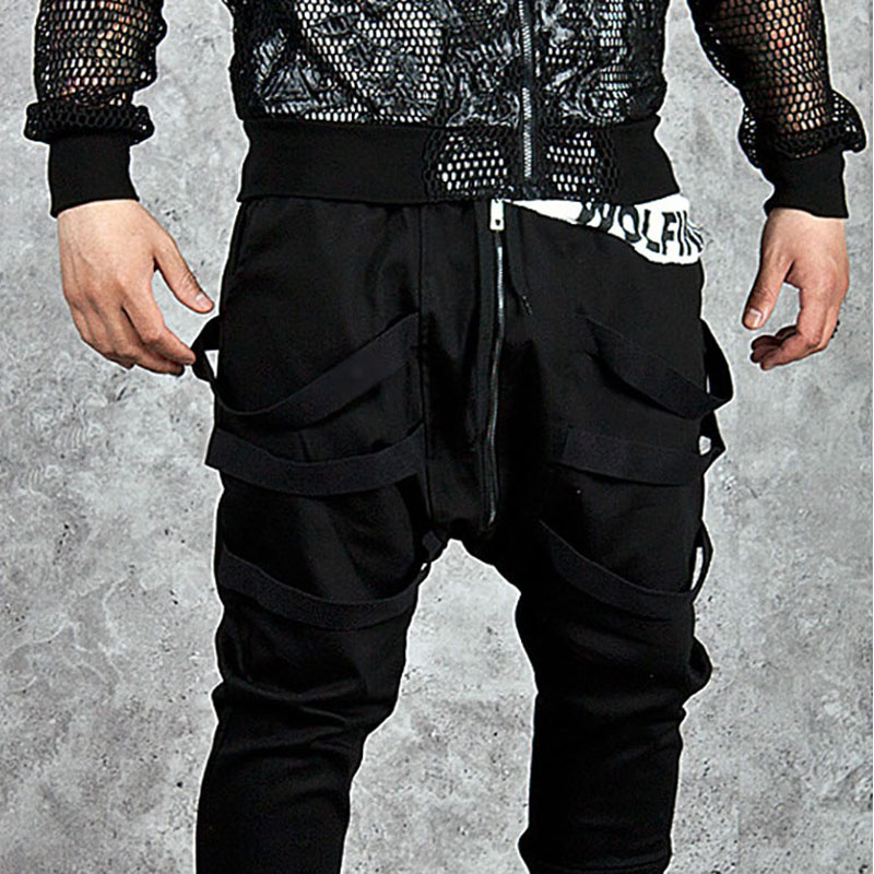 

New Spring Autumn Avant Garde Punk Mens Drop Crotch Harem Pants Hip Hop Black Night Club Full Length LongTrousers Mens Clothing