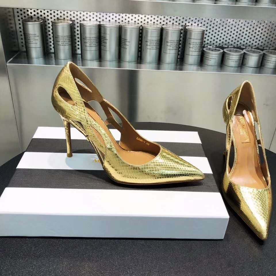 

Woman Aquazzura Forever Metallic Snake-print 105 Pumps Gold Leather Shoes European Size 35-39