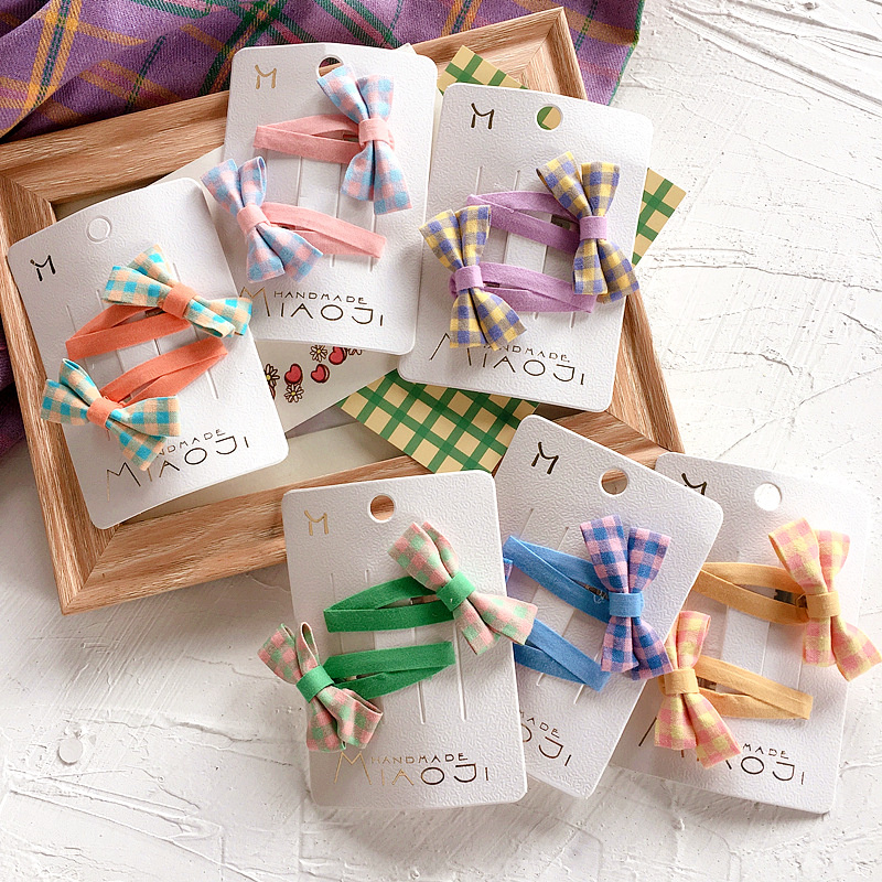 

2 Pcs Hairpin New Sweet Cute College Style Colorblock Plaid Texture Bow Barrettes for Girl Fashion Children's Hair Accessories