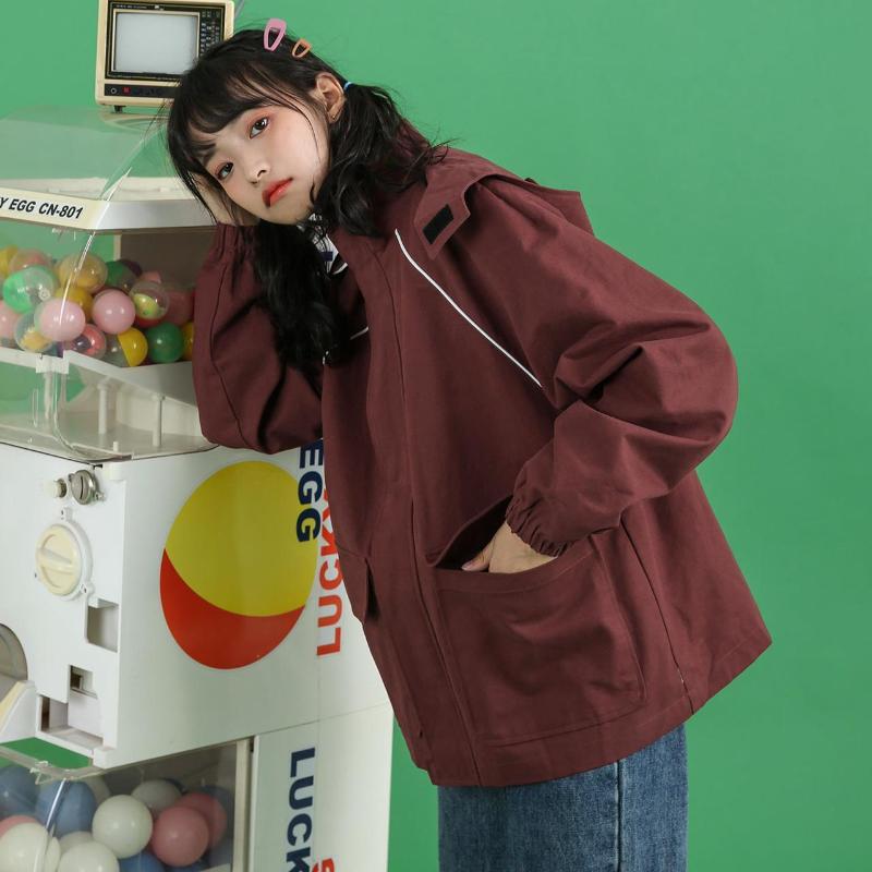 

2020 New Spring Loose Hooded Jacket Female Harajuku Safari Style BF Style Fashion Cargo Jacket Female Vintage Tops Outwear S47, Red