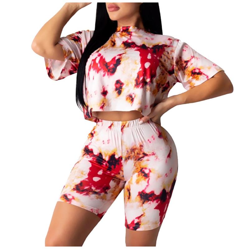 

Women Tracksuits Set Summer Tie Dye Short Sleeve Top Shirt Loose And Biker Shorts Casual Two Piece Set Streetwear Outfits#2, Red