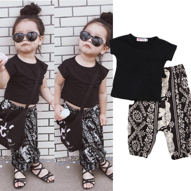 

2020 Newborn Infant Baby Boys Girls Clothes T-shirt Tops+Pants Outfits 2pcs Set, Black