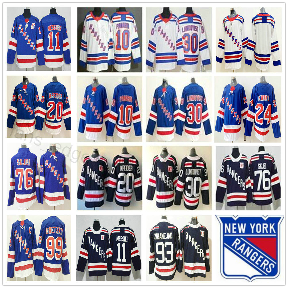 

New York Rangers Hockey 24 Kaapo Kakko 10 Artemi Panarin 30 Henrik Lundqvist 11 Mark Messier 20 Chris Kreider 76 Brady Skjei Mens Jerseys, Blue men size s-xxxl