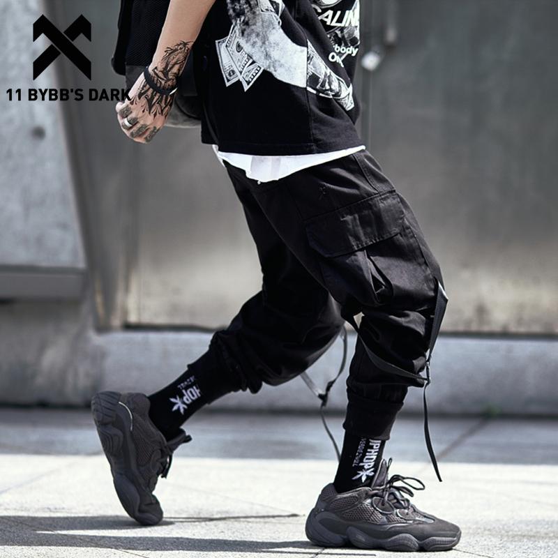 

11 BYBB' DARK Streetwear Multi Pockets Ribbons Cargo Pants 2020 Hip Hop Tactical Function Pants Elastic Casual Joggers Trousers, Black