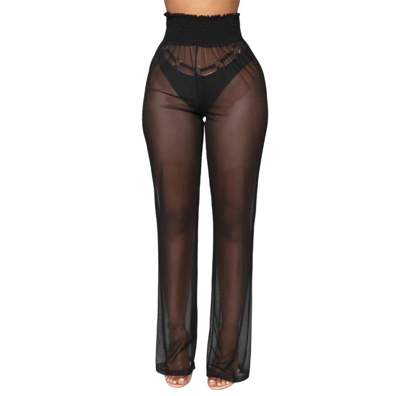 

Sexy Women Fashion Elastic High waist See-through Cover Up Pants Ultra-thin Transparent Wide Leg Bottoming Pants Trousers, Black