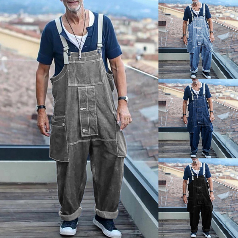

2020 Men Jeans Jumpsuits Trendy Baggy Big Pocket Denim Overalls Men's Blue Gray Multi Pocket Loose Straight Full Length Jeans, Black