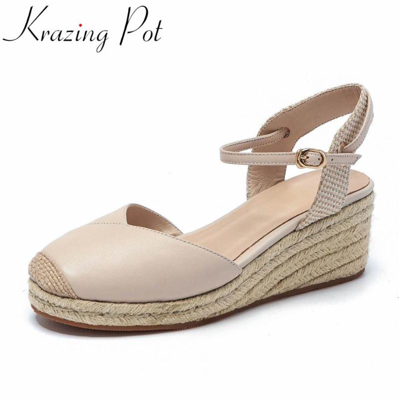 

Krazing pot new arrival sheep skin round toe high heels straw wedges women shoes buckle strap shallow summer sandals women L16, Black