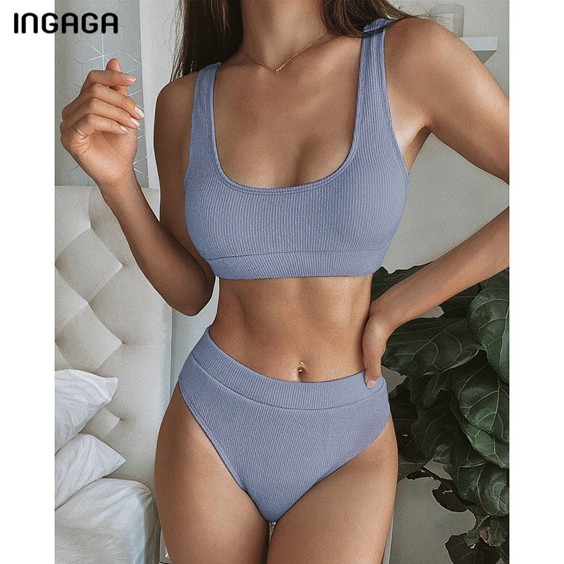 

INGAGA 2020 Bikini Set High Waist Swimsuit Female Solid Ribbed Swimwear Women Biquini Bathing Suits Push Up Two-pieces Bikinis, Blue