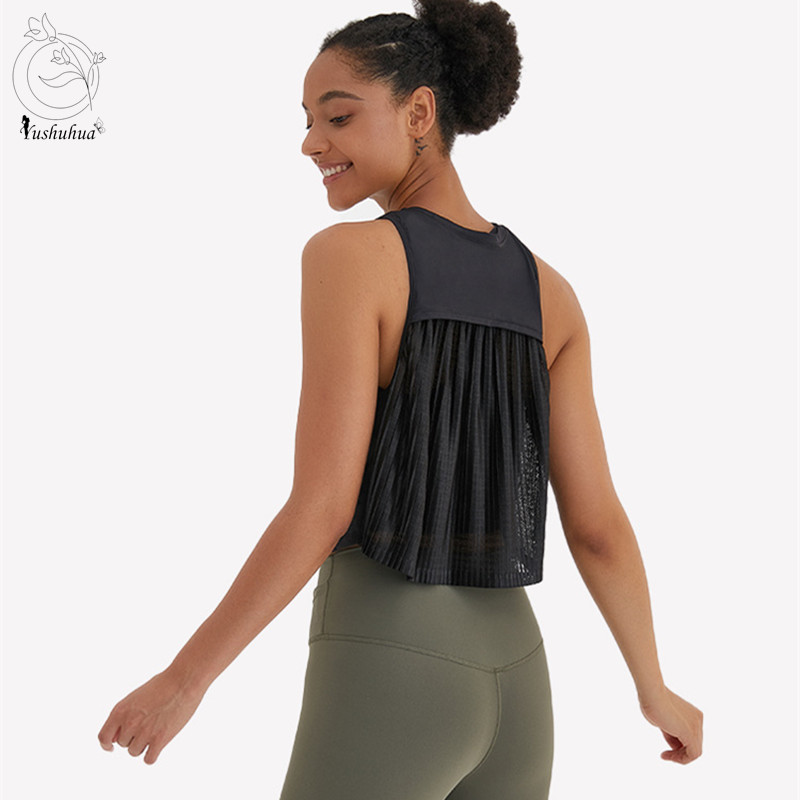 

Yushuhua Pleated Sleeveless Tank Top Sports Blouse Women' Loose Breathable Yoga Shirt Back Mesh Gym Fitness Vest Yoga Top, Black
