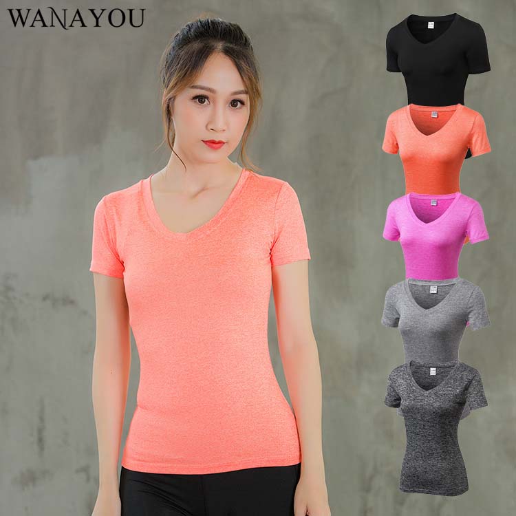 

WANAYOU Tight V-neck Short Sleeve Yoga Shorts,Quick-Drying Breathable Women' Gym Tops,Running Workout Sports T-Shirt for Women, Orange