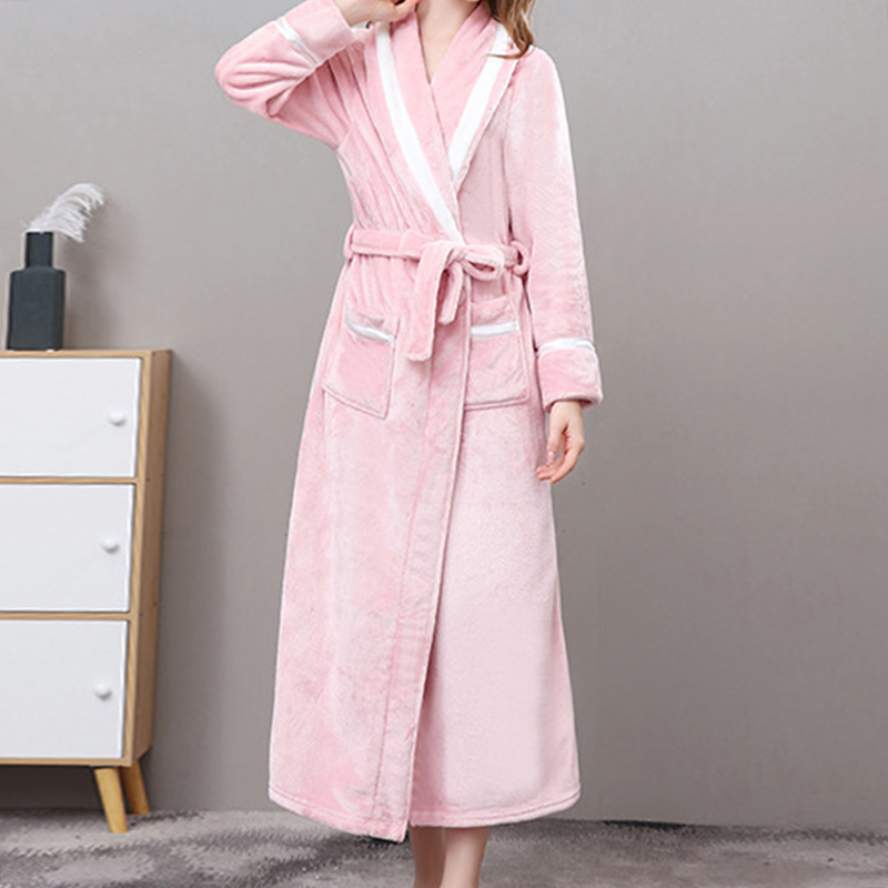 

Thick Warm Winter Bathrobe Sleepwear Patchwork Fashion Women Soft Long Girl Night-robe Nightgown for Female, Red