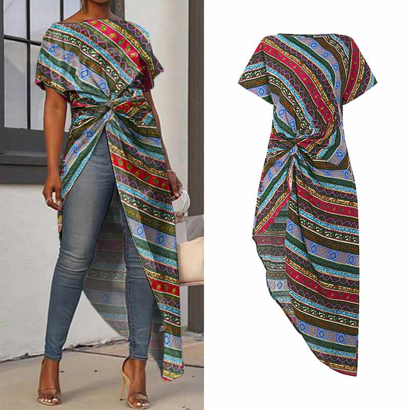 

Women'Tops Bohemian Printed Asymmetric Long Blouse VONDA Short Sleeve High Split Party Shirts Blusas Femininas Plus Size 5XL, Blue