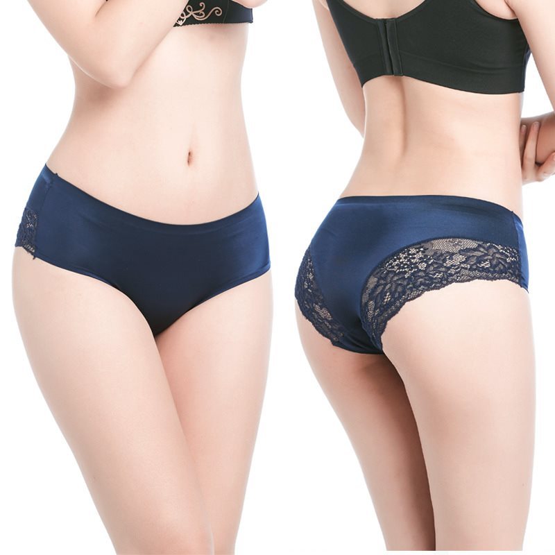 

Breathable Women Lace Trim Panties Ladies Fashionable Flower Embroidery Splicing Style Briefs Sexy Silk Underpants, Beige