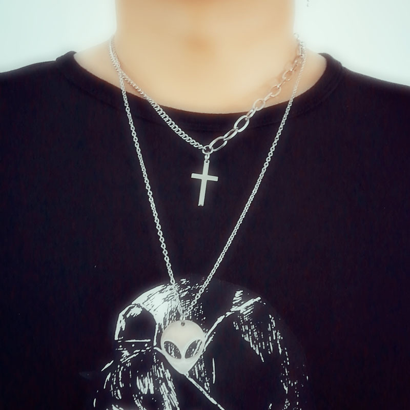 

New Punk Rock Stainless Steel Long Chain Double Layer Necklace Cross Alien Pendant Disco DJ Band Women Men Guys Necklaces Unisex