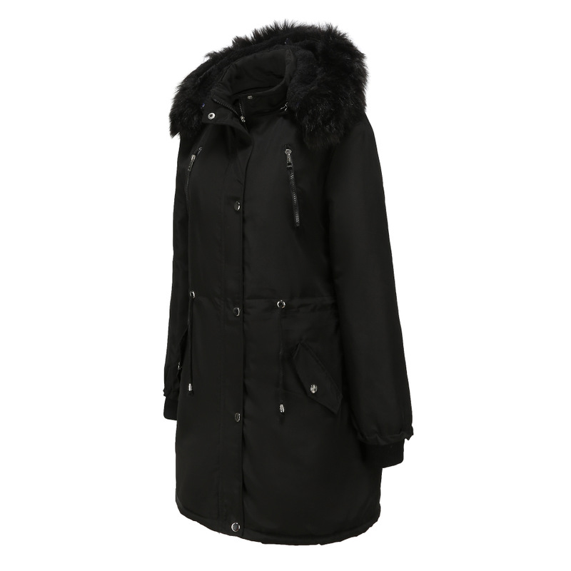 

C71 women's cotton padded jacket medium length large size hood detachable winter warm Plush coat, Black