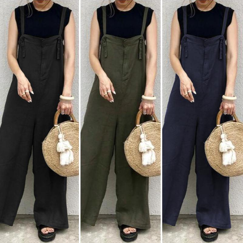 

Plus Size Women' Summer Jumpsuits 2020 ZANZEA Vintage Suspender Overalls Casual Solid Long Playsuits Female Solid Trousers 5XL, Black