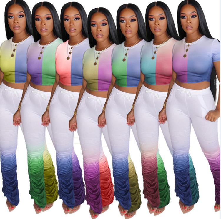 

Fashion Women Stacked Pants Sets Gradient Color O Neck Short Sleeve Color 2 Piece Flare Pants New Women Summer Clothing
