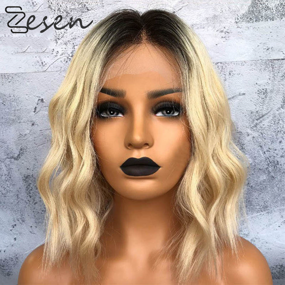 

Zesen 13*4 Lace Front Synthetic Hair Wigs Ombre Brown Blonde Color Natural Wave Short Bob Lace Wig For Women, Ombre color