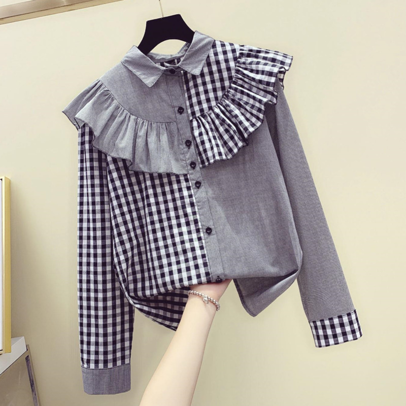 

EWQ] 2020 Autumn New sweet Turn-down Collar Long Sleeve Women Tops And Blouse Korea Loose Patchwork Ruffles Laides Shirt QV1566, Black