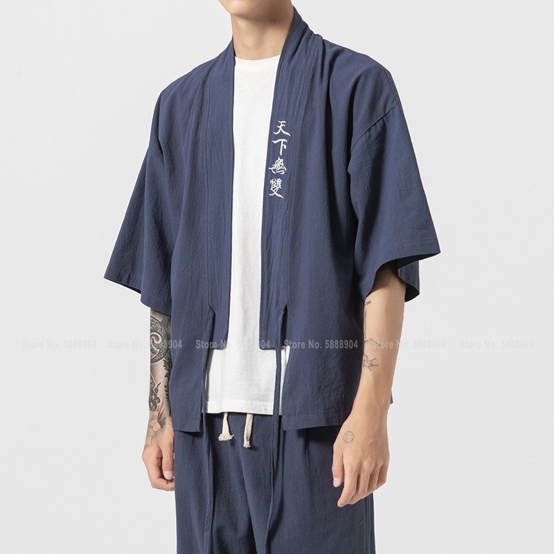 

Men Chinese Style Linen Zen Hanfu Tops Harem Pants Uniform Set Japanese Samurai Kimono Robe Casual Blouse Trousers