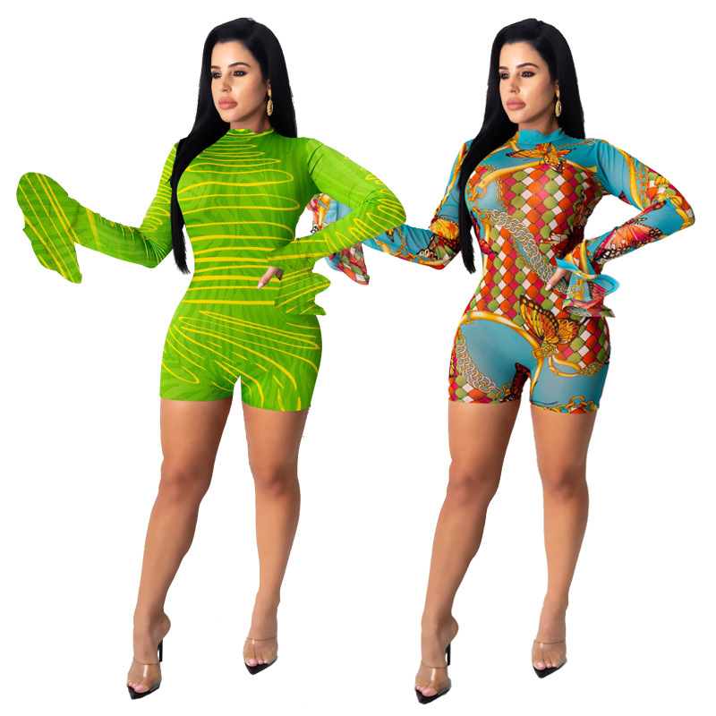 

Women' Summer Butterfly Print See Through Backless Shorts Casual Loose Long Boot Sleeve Rompers Bodycon Sexy Party Playsuit, Blue