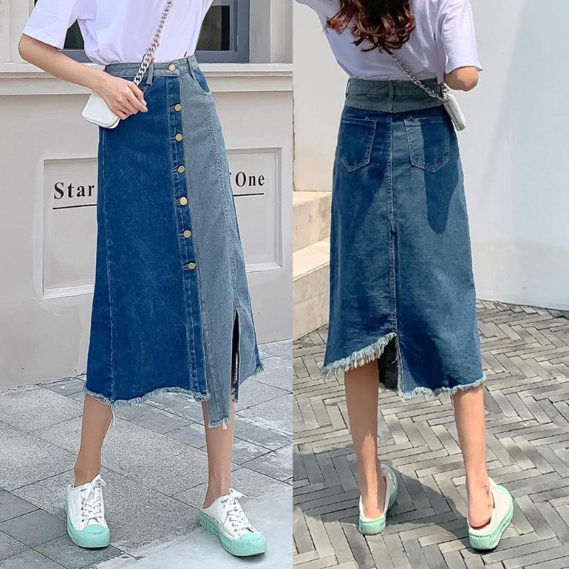 

Summer 2020 New Women High Waist Irregular Patchwork Front Button Side Split Denim High Waist Midi Skirt Womens, Blue
