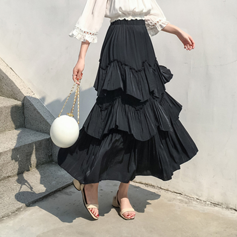 

Elastic High Waist Ruffle Long Skirt Pleated Skirt for Women Spring Summer Female Midi Black Skirts Elegant Party Faldas Mujer