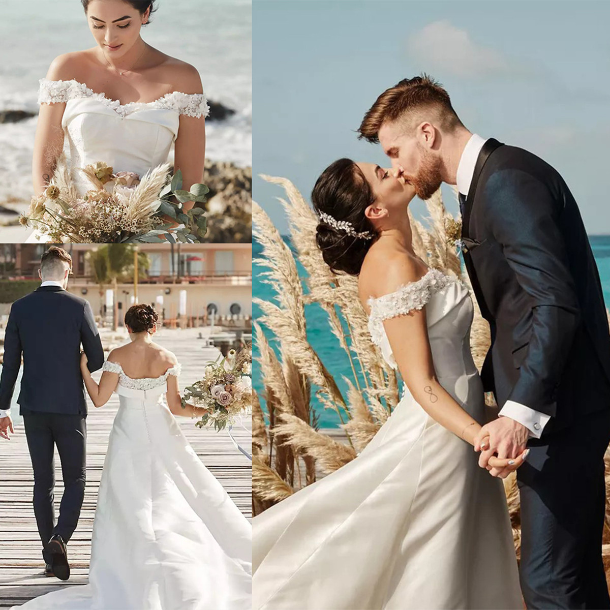 

2021 Bohemian Wedding Dresses Off Shoulder Lace Appliques Satin Bridal Gowns Custom Made Sweep Train Plus Size A-Line Wedding Dress, Ivory