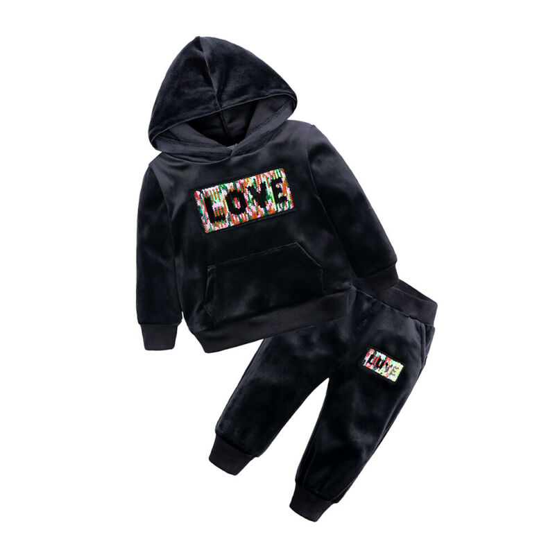 

ZX Fall Autumn 2pcs Toddler Kids Boy Letter Clothes Gold Velvet Hooded Tops+Pants Outfits Winter Warm Set, As pic