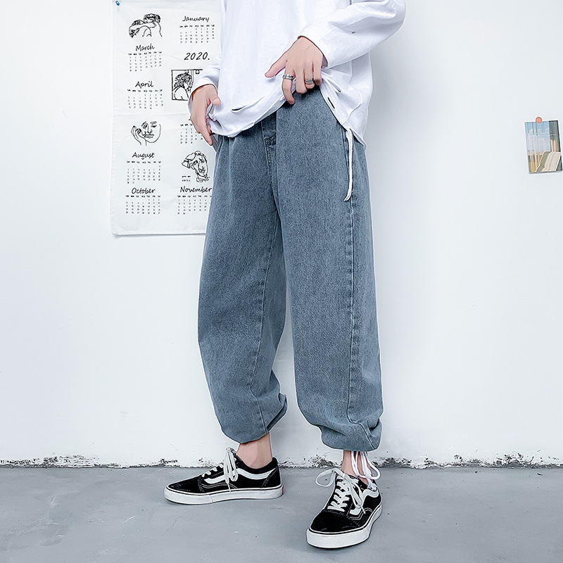 

Summer Retro Ins Wide Leg Elastic Band 9 Points Jeans Male Straight Tube Loose Youth Casual Wild Beam Pants, Black