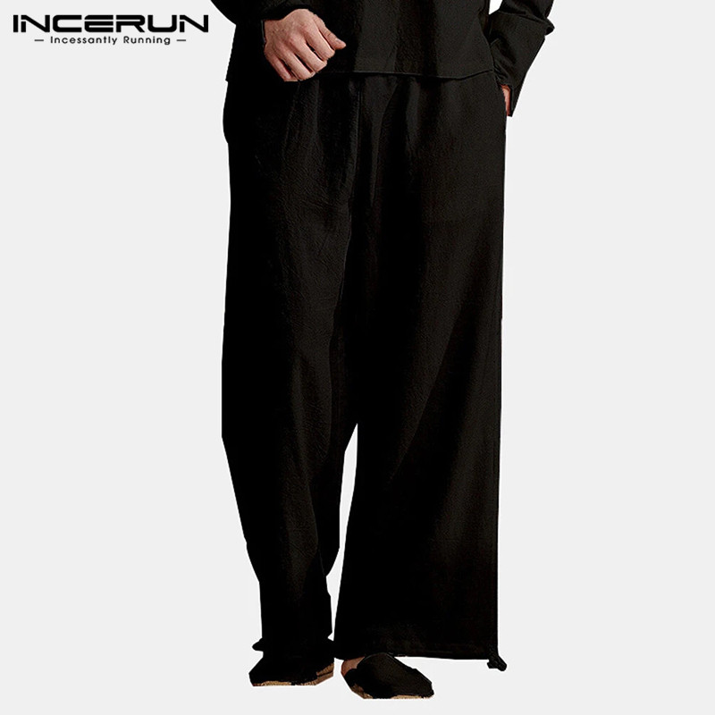 

INCERUN Vintage Men Casual Pants Solid Color Joggers Cotton Loose Elastic Waist Wide Leg Pants Leisure Streetwear Trousers Mens, Black